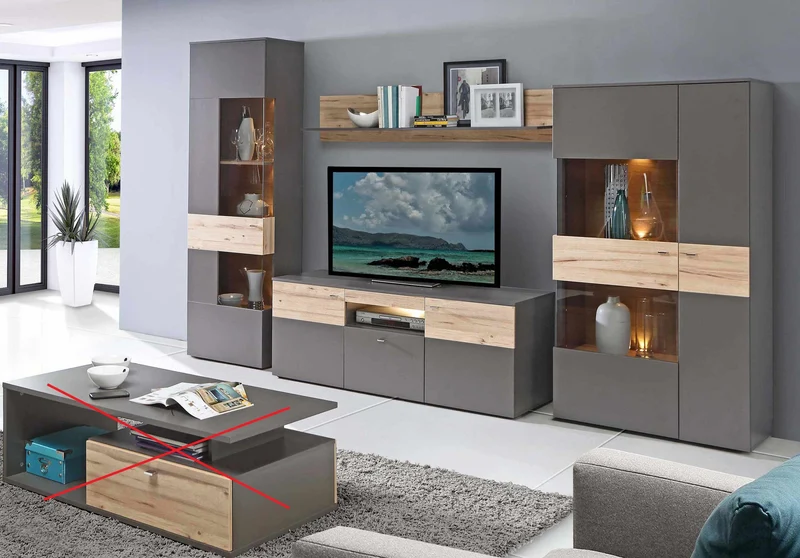 Wohnzimmerschrank COMO links 4-tlg. Grau/Planked Eiche mit LED