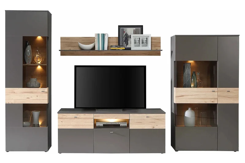 Wohnzimmerschrank COMO links 4-tlg. Grau/Planked Eiche mit LED