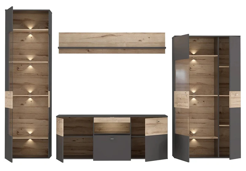 Wohnzimmerschrank COMO links 4-tlg. Grau/Planked Eiche mit LED