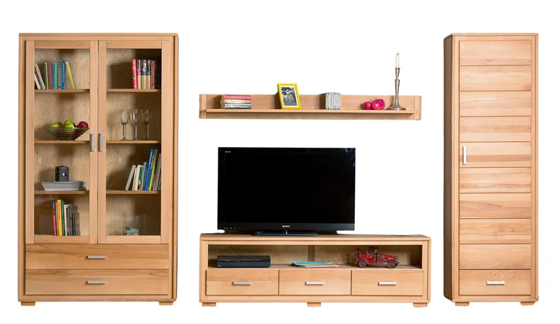 Wohnzimmerschrank Genf Set VII, Kernbuche massiv geölt, 4-teilig
