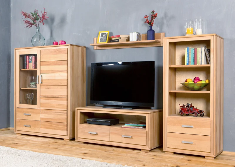 Wohnzimmerschrank Genf Set V, Kernbuche massiv geölt, 4-teilig