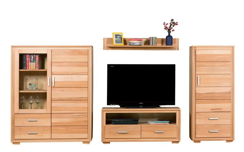 Wohnzimmerschrank Kernbuche massiv geölt, 4-teilig, Genf Set IV