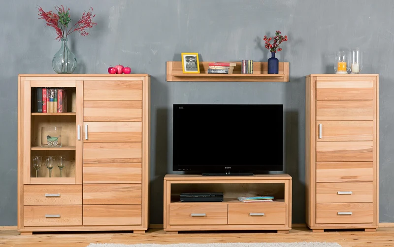 Wohnzimmerschrank Kernbuche massiv geölt, 4-teilig, Genf Set IV
