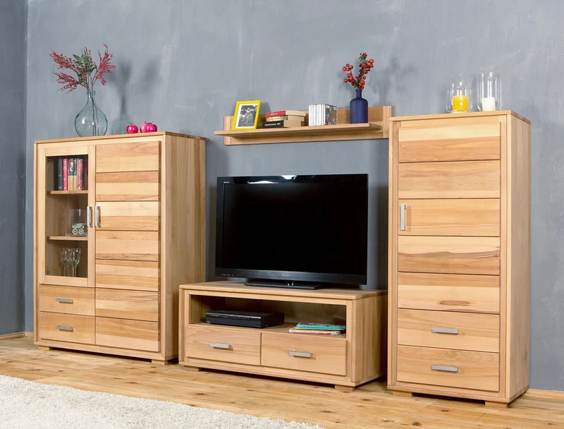 Wohnzimmerschrank Kernbuche massiv geölt, 4-teilig, Genf Set IV