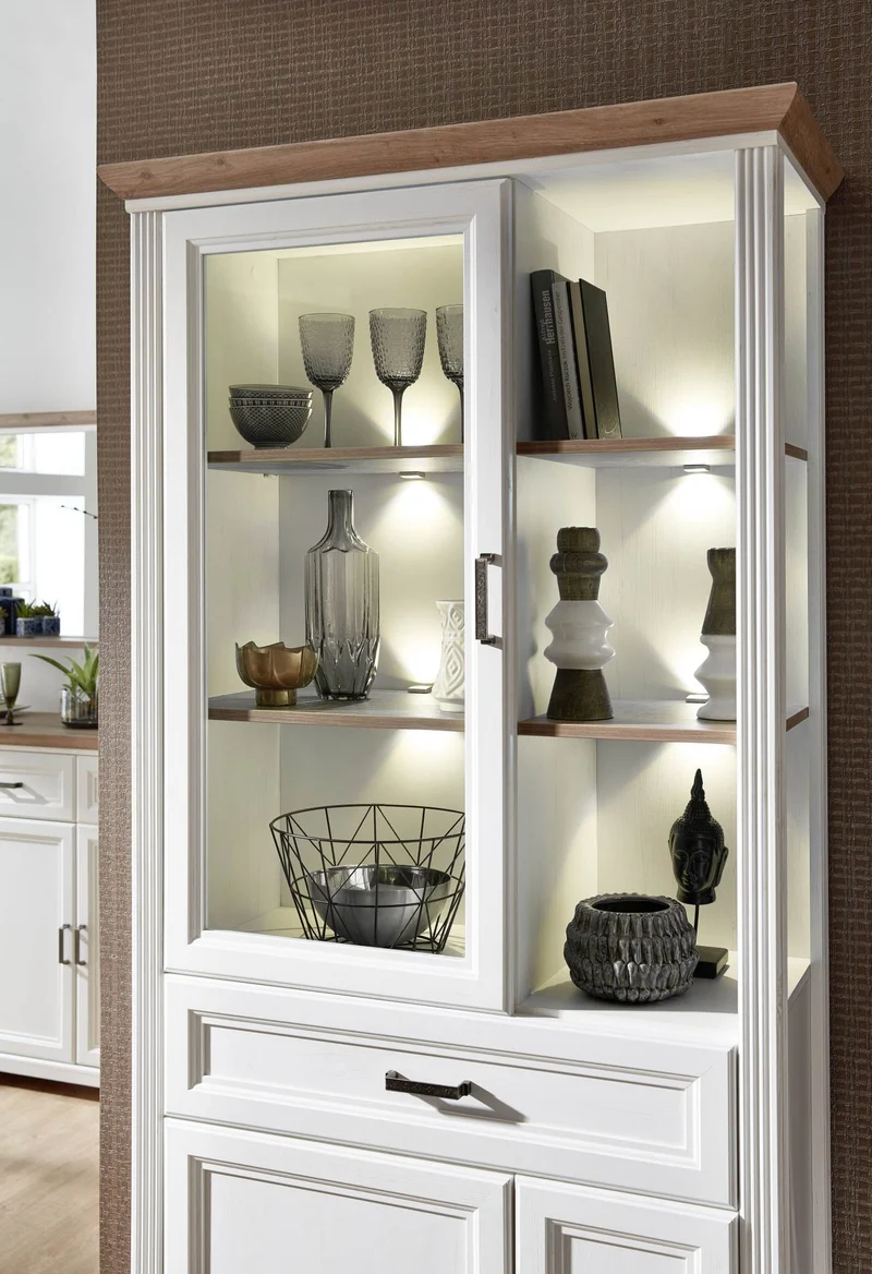 Vitrine JASMIN 2-türig - Landhausstil Pinie weiß mit Beleuchtung