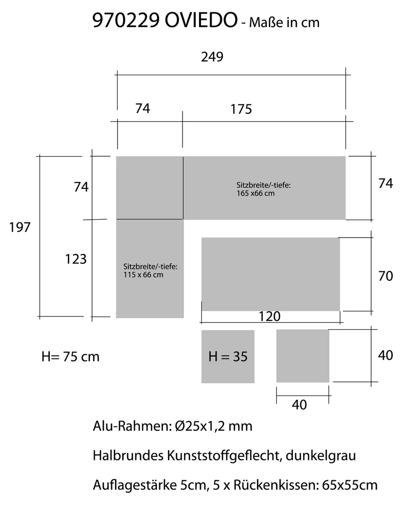 Gartensofa Eckgruppe OVIEDO mit höheren Tisch fast in Esstischhöhe