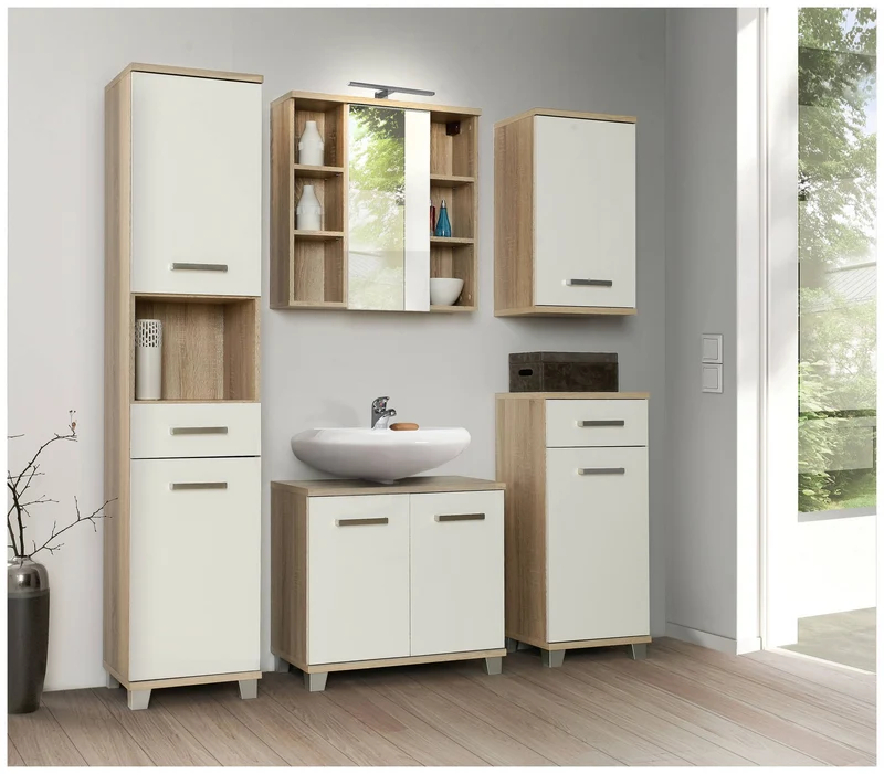 Badezimmer Komplett-Set VERIS 1, 5-tlg., Badmöbel Front weiß Hochglanz