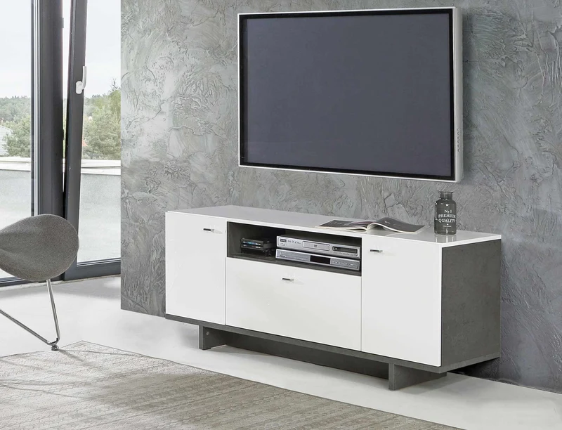 Lowboard MAKARIA 2 Türen TV-Kommode in Betonoptik / Weiß glänzend