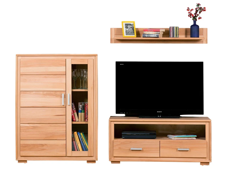 Wohnzimmerschrank Kernbuche massiv geölt, 3-teilig, Genf Set II