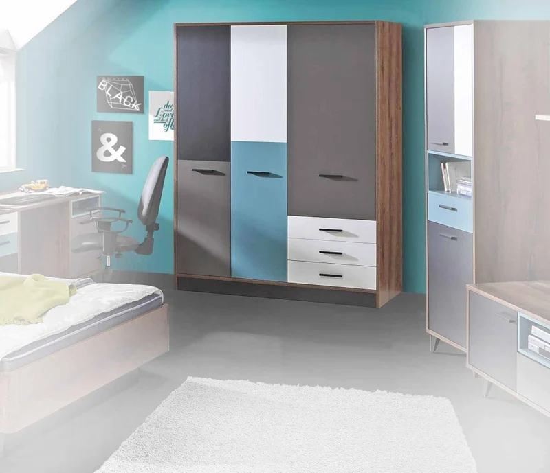 Kleiderschrank RAVEN 3 Türen Optik Schlammeiche mit Weiß Grün Grau