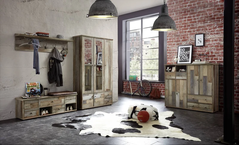 Garderobenschrank BONANZA 3-türig mit Spiegel - Driftwood Nachbildung