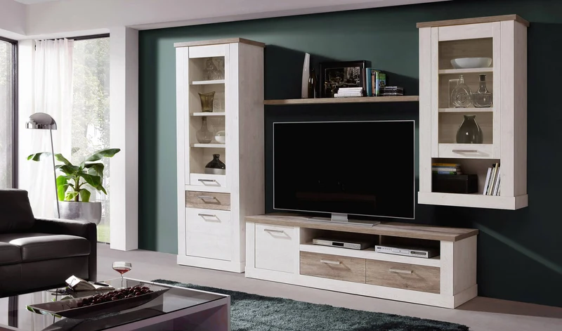 Wohnzimmerschrank DURO, Pinie weiß/Eiche Antik, 4-teilig, Forte