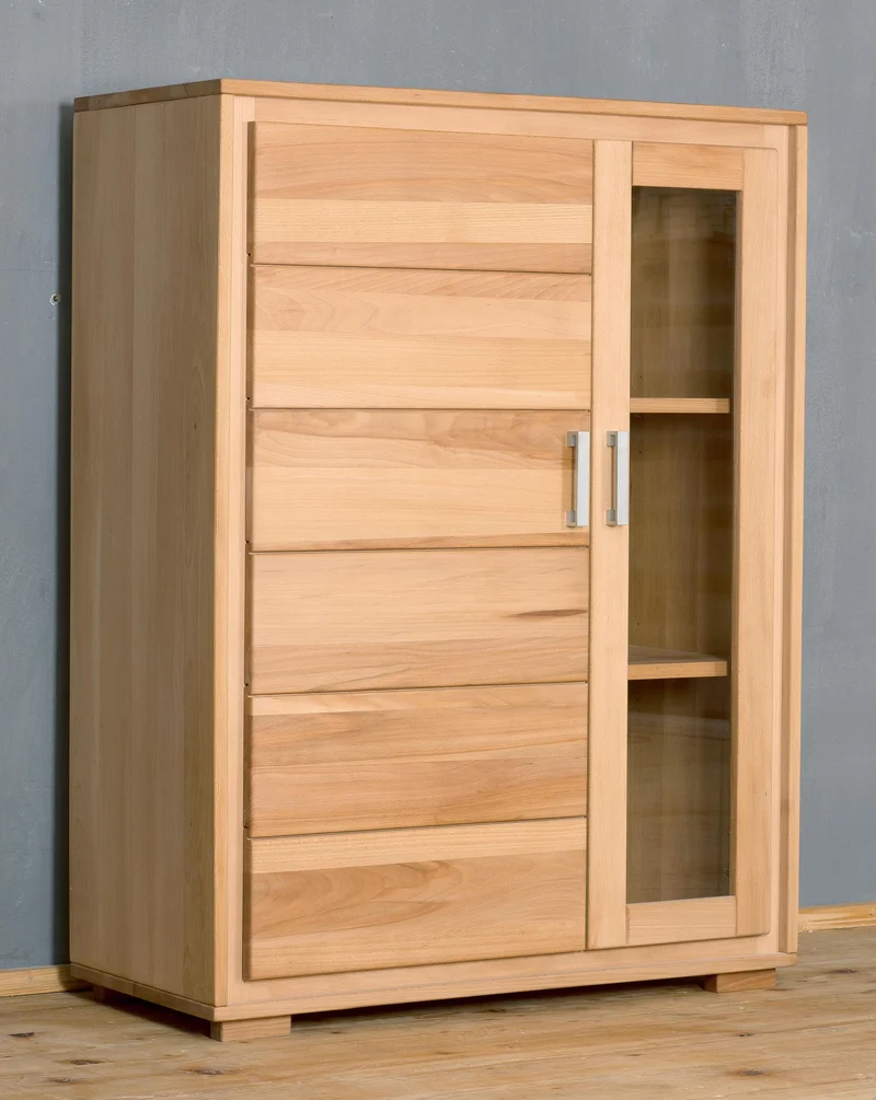 Vitrine 2-türig 121 cm hoch Kernbuche Massivholz geölt, Genf