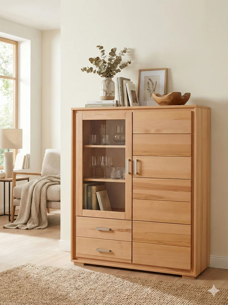Highboard Vitrine 2-türig Kernbuche Massivholz geölt, Genf