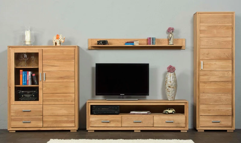 Wohnzimmerschrank Wildeiche massiv geölt, 4-teilig, Basel Set VI