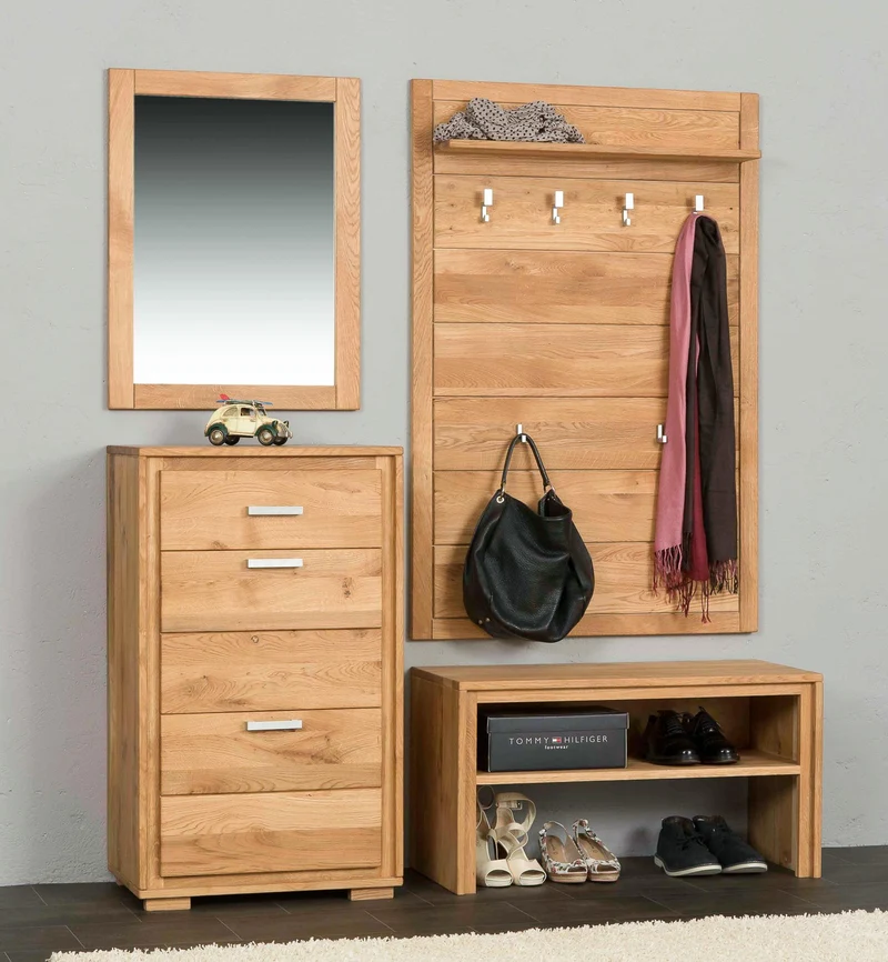Garderoben Set Wildeiche Massivholz geölt, 4-teilig, Basel IV