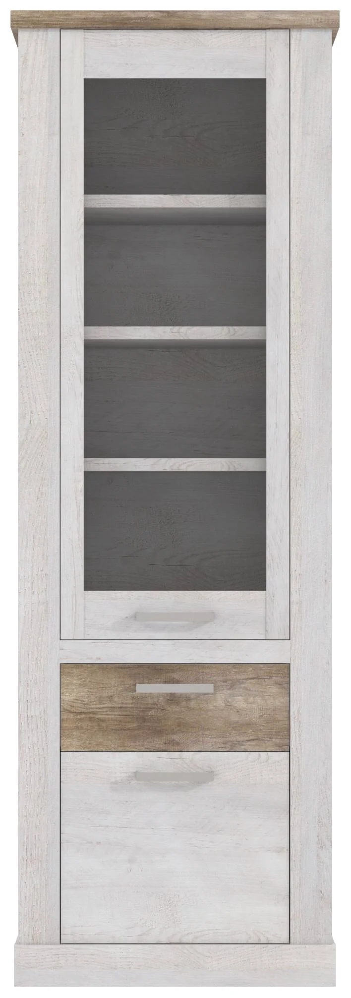 Vitrine DURO 2 Türen 1 Schublade, Schrank mit Glastür Pinie weiß antik