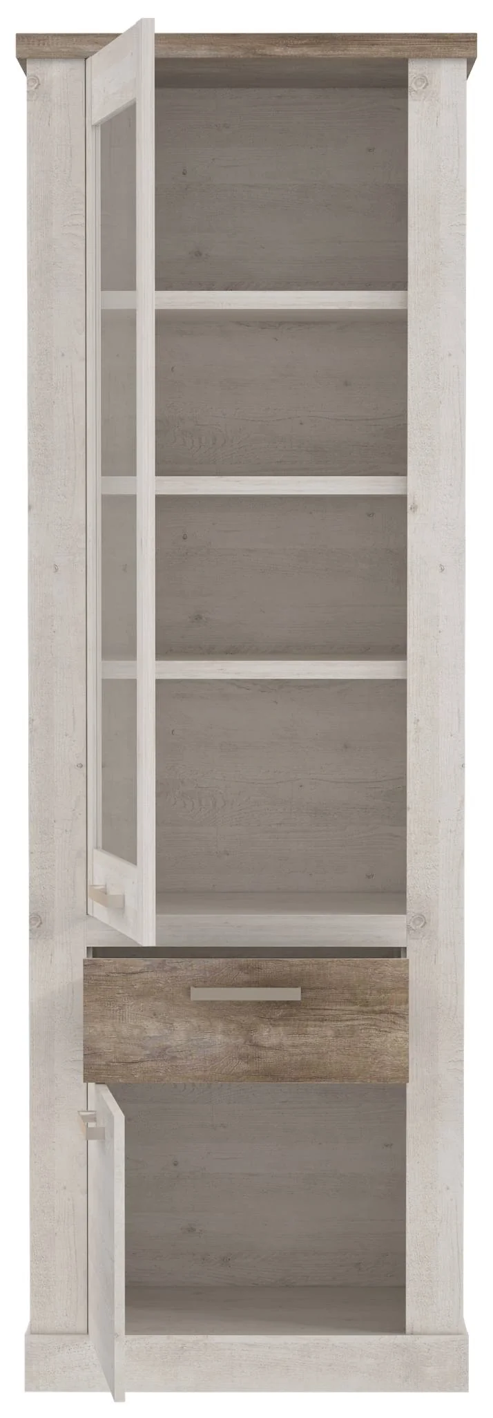 Vitrine DURO 2 Türen 1 Schublade, Schrank mit Glastür Pinie weiß antik
