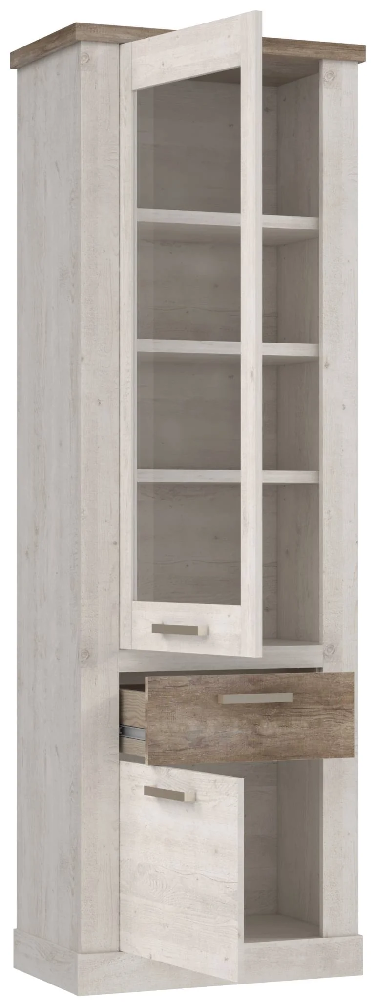 Vitrine DURO 2 Türen 1 Schublade, Schrank mit Glastür Pinie weiß antik