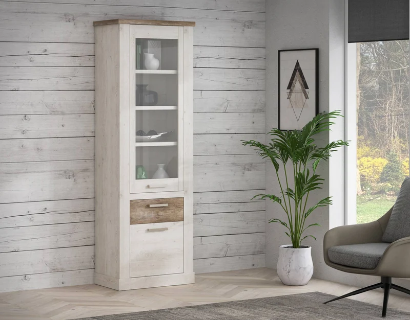 Vitrine DURO 2 Türen 1 Schublade, Schrank mit Glastür Pinie weiß antik