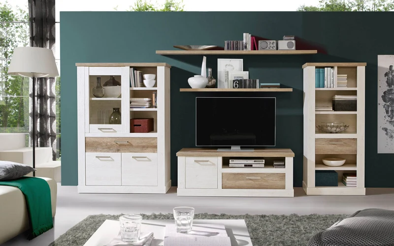 Wohnzimmerschrank DURO, Pinie weiß/Eiche Antik, 5-teilig, Forte