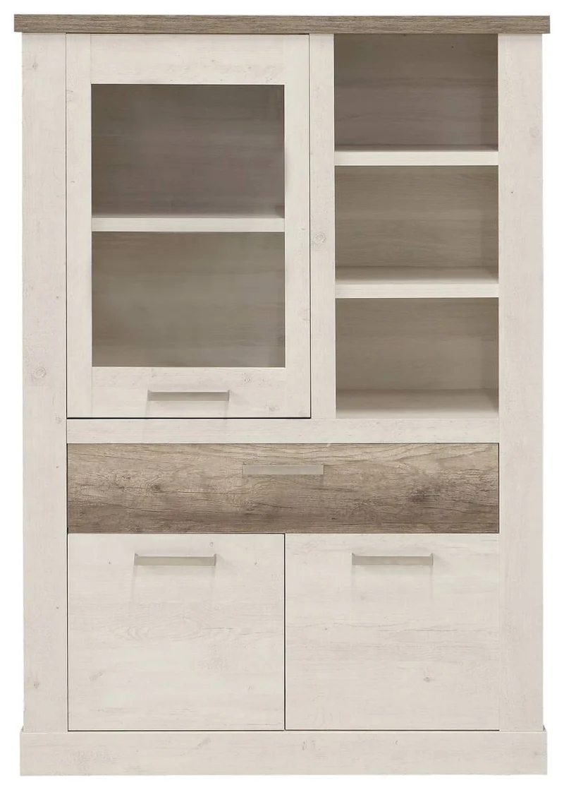 Highboard - Vitrine DURO, Schrank 1+2 Türen, Optik: Pinie weiß antik