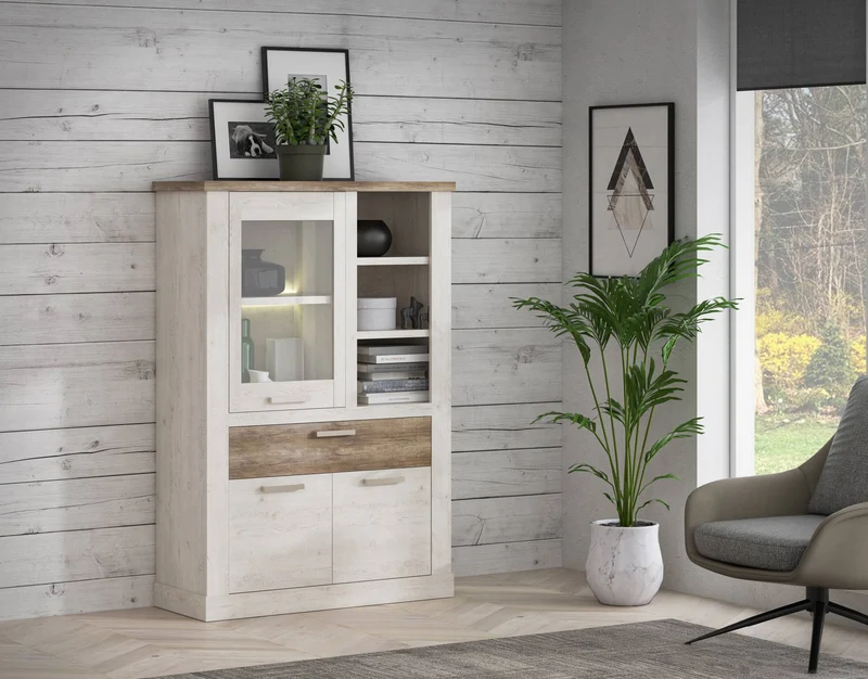 Highboard - Vitrine DURO, Schrank 1+2 Türen, Optik: Pinie weiß antik