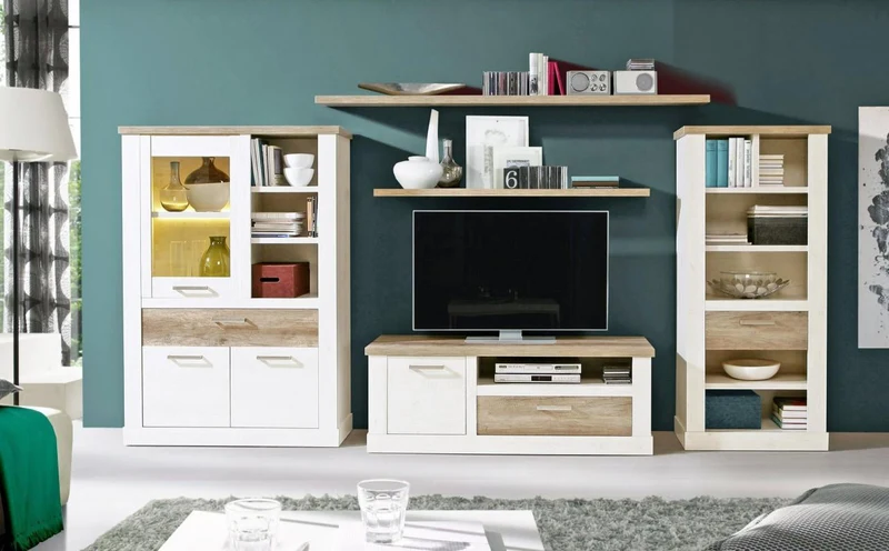 Highboard - Vitrine DURO, Schrank 1+2 Türen, Optik: Pinie weiß antik
