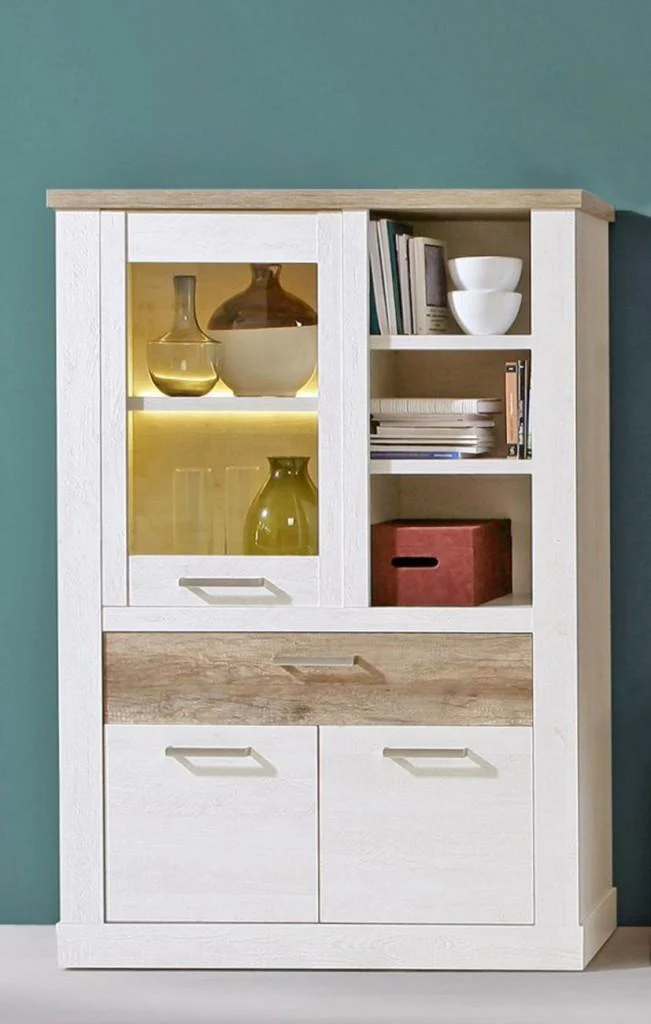 Highboard - Vitrine DURO, Schrank 1+2 Türen, Optik: Pinie weiß antik