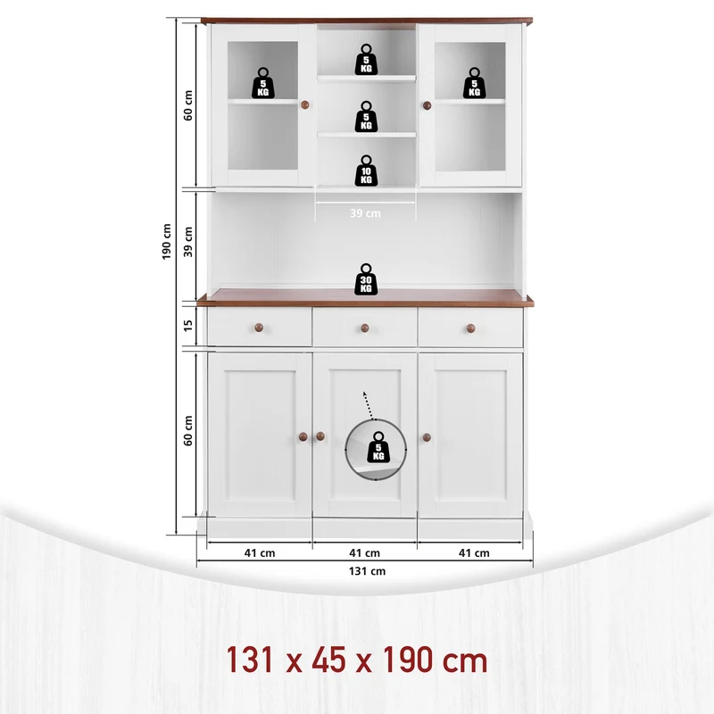 Buffet Vitrine Westerland 5-türig im Landhausstil - Massivholz