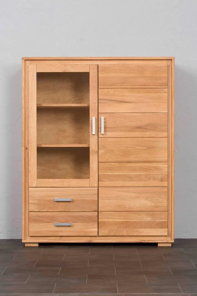 Highboard Vitrine 2-türig Wildeiche Massivholz geölt, Basel