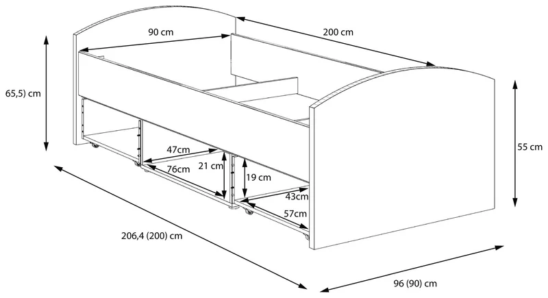 Jugendbett Winnie 90 x 200 cm mit 2 Schubladen - Sonoma Eiche / Weiß